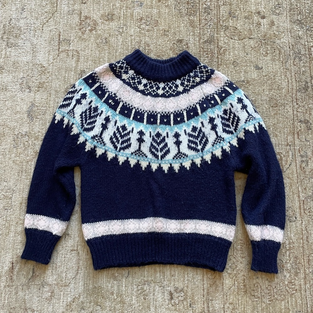 Adorable Vintage Fair Isles Sweater by La Moda, size S.  Navy and pink.